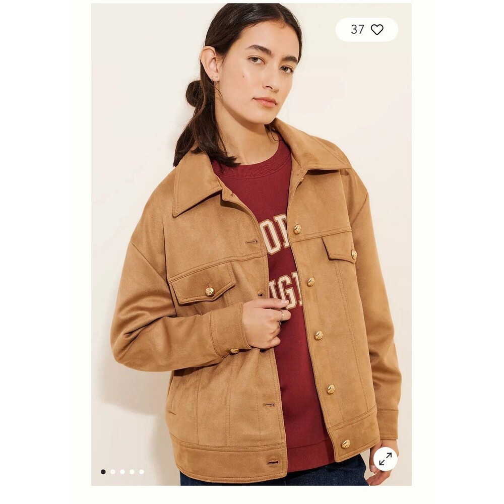 Anthropologie Maeve Vegan Suede Trucker Jacket XL Honey Caramel Gold Buttons